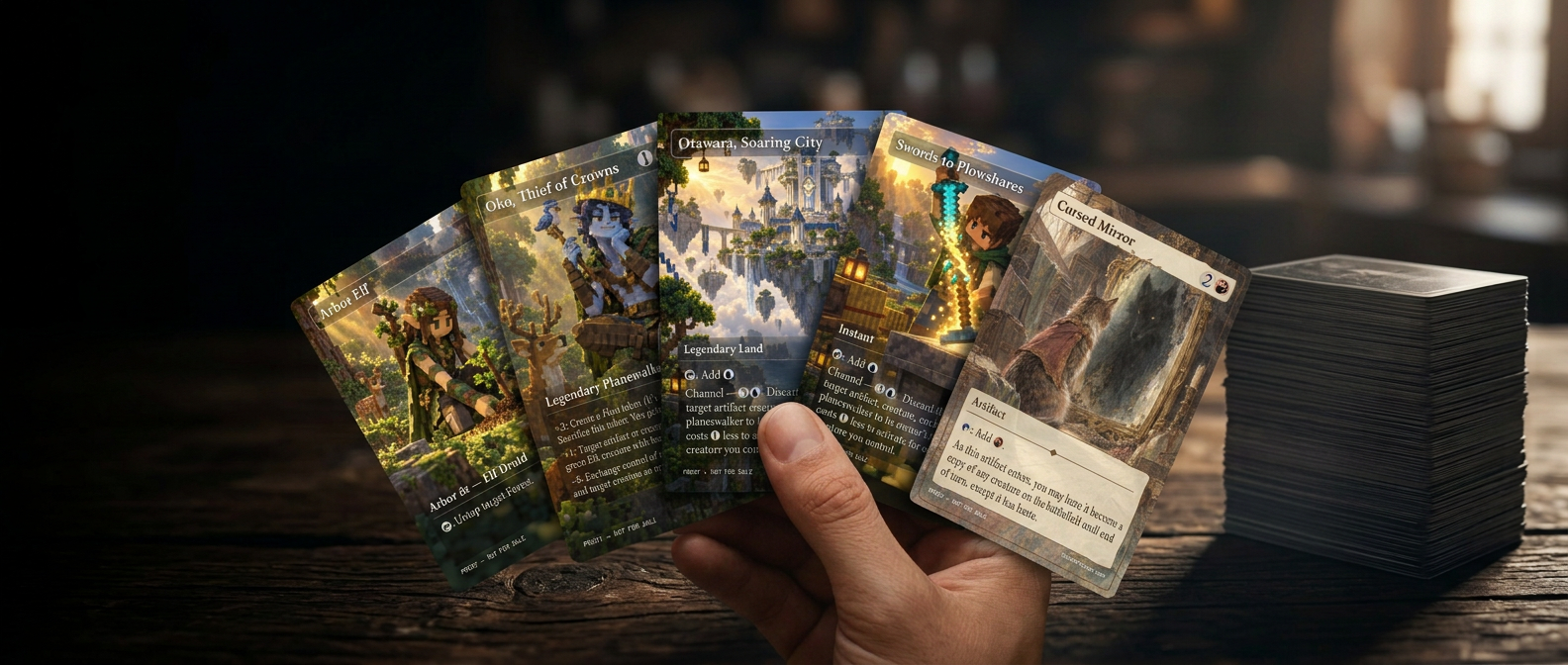 Custom proxy cards fanned in a hand beside a full 100-card deck